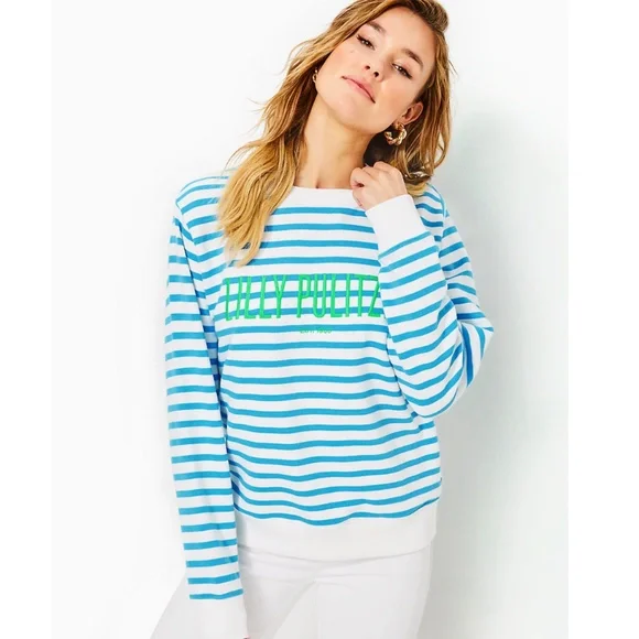 Lilly Pulitzer Ballad Sweatshirt in Lunar Blue Striped Green Embroidered Logo - Picture 2 of 12